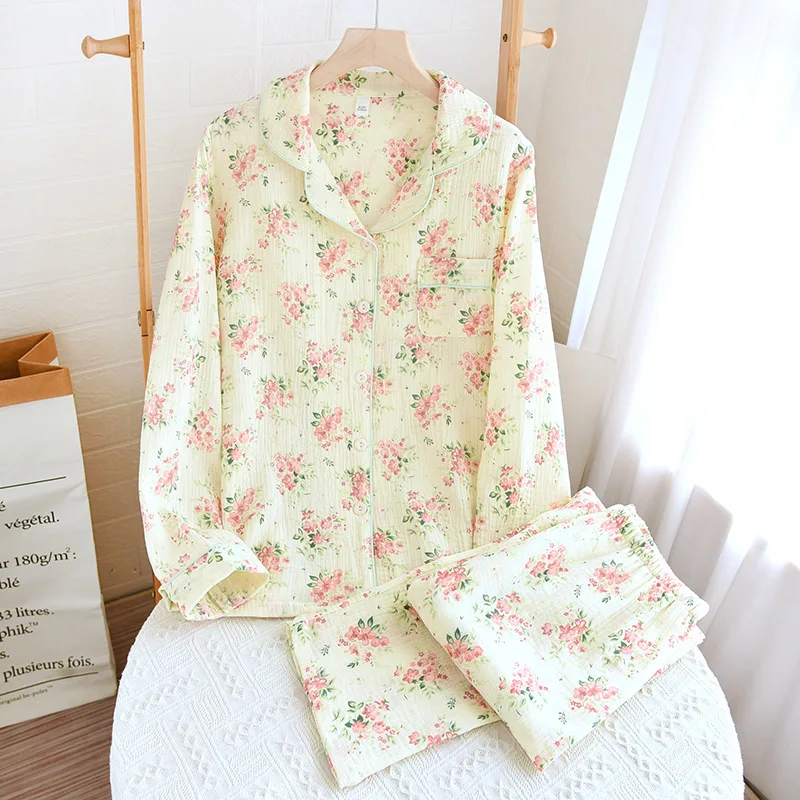 Floral Sleepwear Women's Stitch Pajamas Sets For Woman Two Piece Set Pure Cotton Home Suit long Sleeve Trousers Loungewear