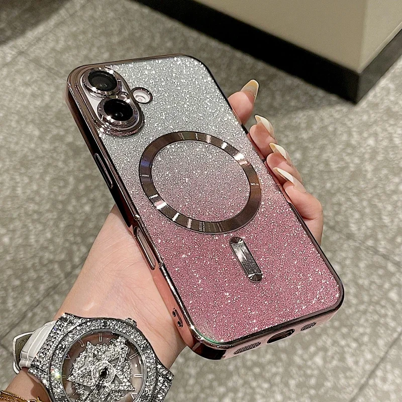 Coque de téléphone souple magnétique à paillettes de luxe pour iPhone 16 15 14 13 12 11 Pro Max Plus, coque de chargement sans fil antichoc_voghion.com