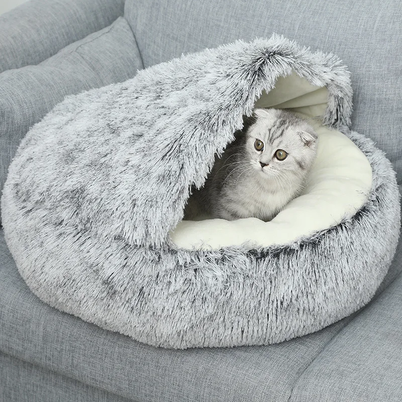 

OUZEY Soft Plush Round Pet Cat Bed Semi-Enclosed Warm Cat Nesk Comfortable Sleeping Kitten Basket Small Dog Bed Winter Cat House