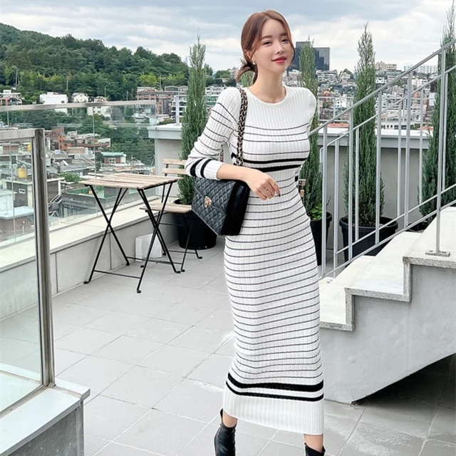 Korean Slim Striped Knitted Sweater Dress Women Full Sleeve O-neck Pencil  Long Maxi Dresses Casual Elegant Chic Ladies Vestidos - AliExpress