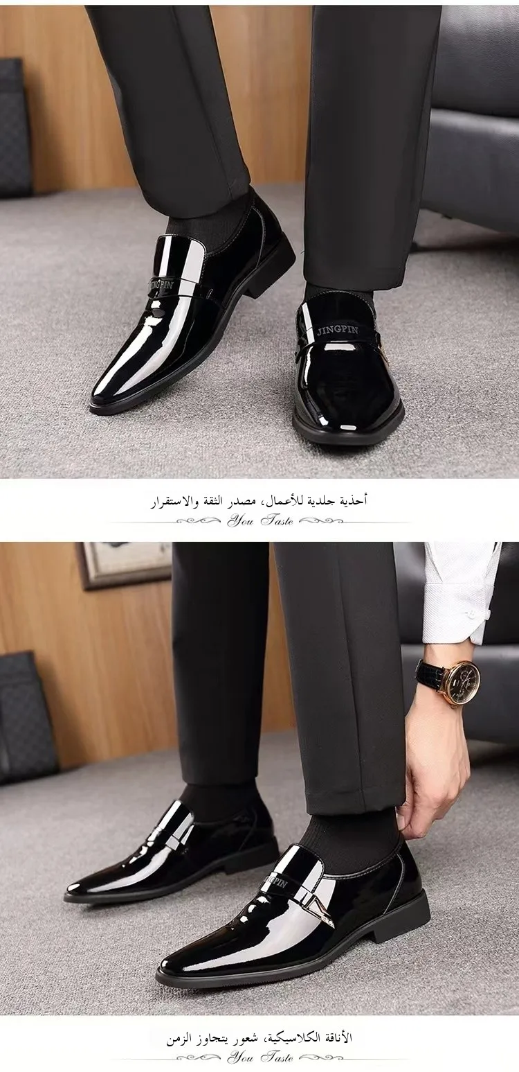أحذية رجالية رسمية لامعة للأعمال، مصنوعة من الجلد القابل للتنفس، مع كعب داخلي مرتفع، تشطيب مصقول، مقدمة مدببة، أحذية عصرية بأ...