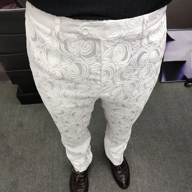 2023 Luxury White Print Mens Dress Pant Business Casual Office Trousers Ment Ankle Length Pantalon Homme Slim Men Social Trouser