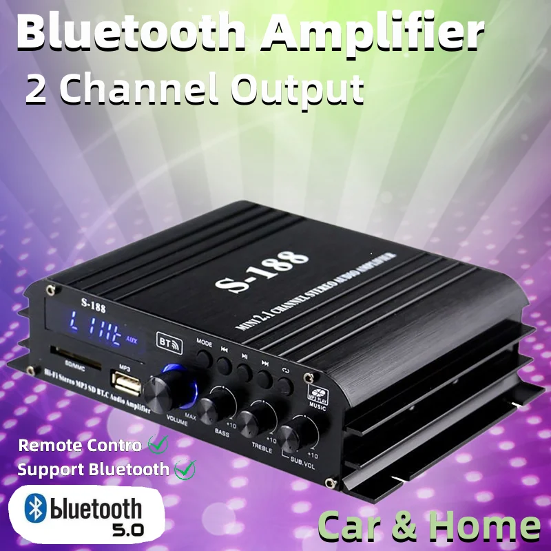 

2,1 Усилитель мощности, компактный, Hi-Fi, цифровой Bluetooth, беспроводной, для дома, автомобиля, стереодинамики, усилитель басов, USB/SD AUX (ЕС)