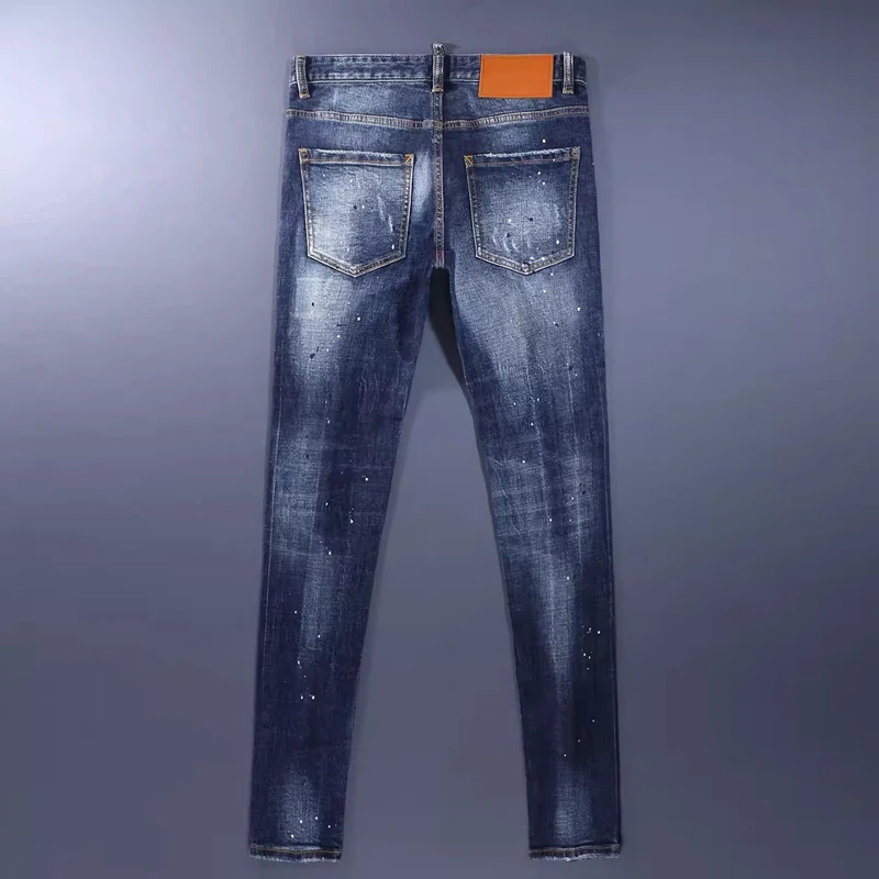 High Street Fashion Men Jeans Retro Blue Stretch Skinny Fit Hole Ripped Jeans Men Painted Designer Hip Hop Brand Pants Hombre