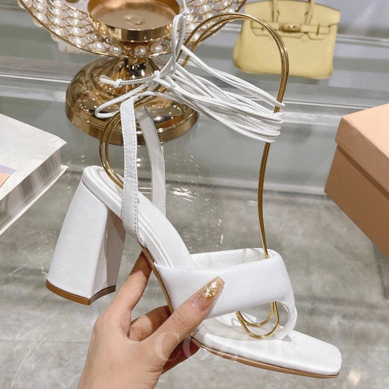 

Ladies Sandals Summer New Unique Ankle Strap Lace-up Design Clip Toe High Heel Sandals Appear Whitening Square Head Female Pumps