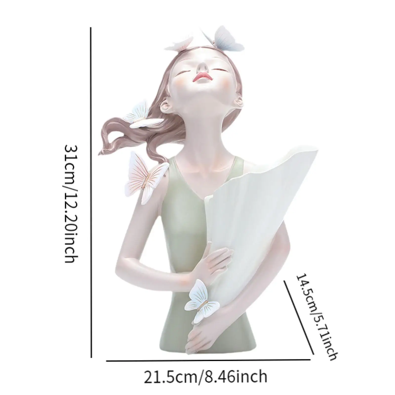 Table Ornament Butterfly Decor Girl Statue Flower Vase 8.4x12inch Handicraft for Household Kitchen Dining Multifunctional