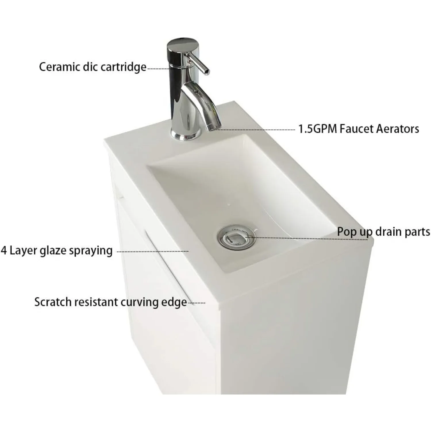 16"Small Bathroom Vanity Wall Mounted,White Small Bathroom Vanity with Ceramic Sink,Bathroom Vanity,Chrome Faucet P-Trap Include 6