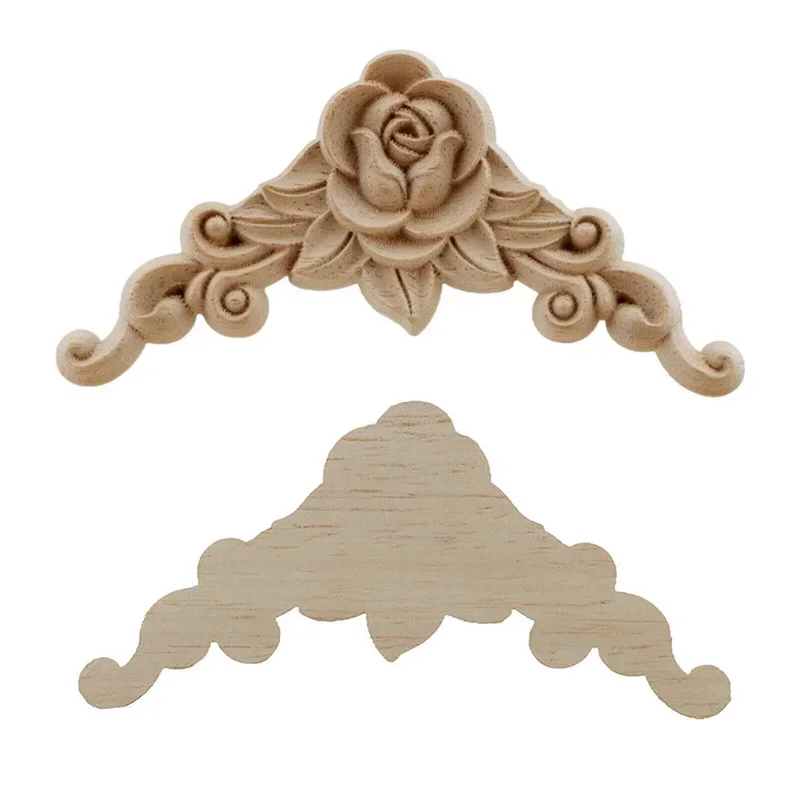 4pcs Natural Floral Wooden Figurines Crafts Wood Carved Corner Appliques Frame Wall Door Furniture Woodcarving Decorative 5