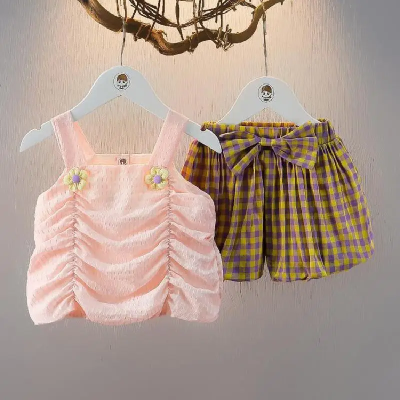 

Fashion Kid Girls Clothing Set Summer Baby Outfits Plaid Shorts Clothes Sets