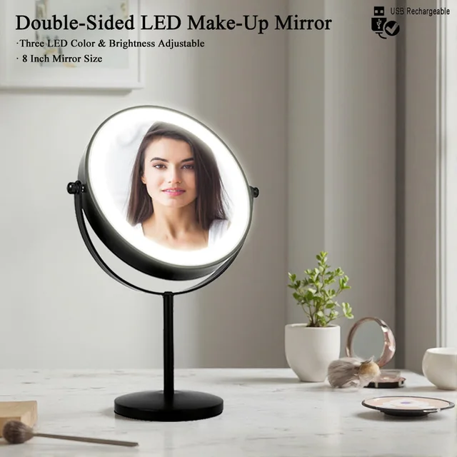 กระจกแต่งหน้า LED สีดำด้าน 8 นิ้ว, กระจกแต่งหน้าสองด้านขยาย 3X/5X, ควบคุมด้วยระบบสัมผัส 3 สีของแสง, ใช้พลังงานจาก USB 1