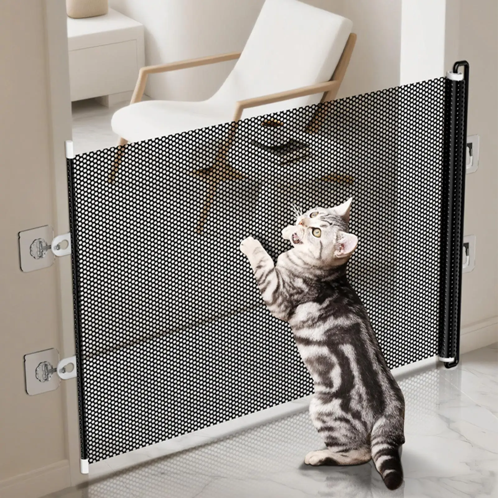 Retractable Dogs Gate Mesh Safety Barrier for Indoor Use No Drilling Pet Isolation Fence for Small Dogs Doorway Hallway Stairs