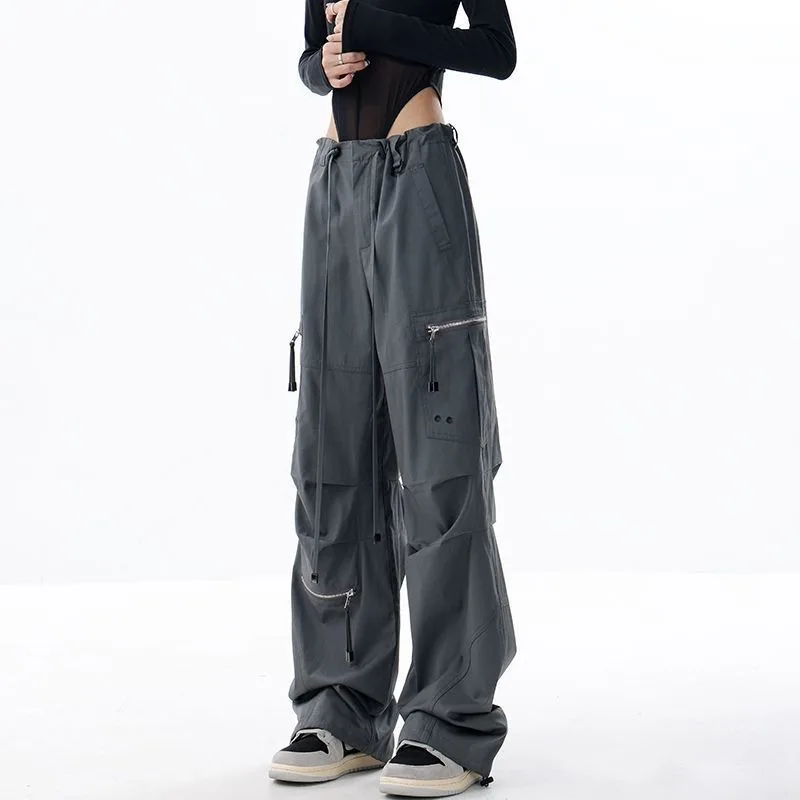 Deeptown Vintage Parachute Baggy Cargo Pants Women Korean Fashion Wide Streetwear Harajuku Style Casual Loose Trousers Kpop