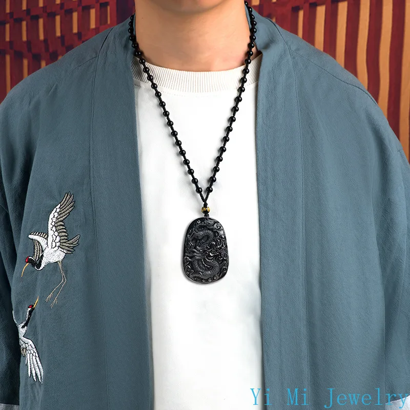 Natural Jade Pendant A, Ink Jade Jade Stone Dragon Brand Ice Type Pendant Men's and Women's Jewelry High Grade Jade Necklace