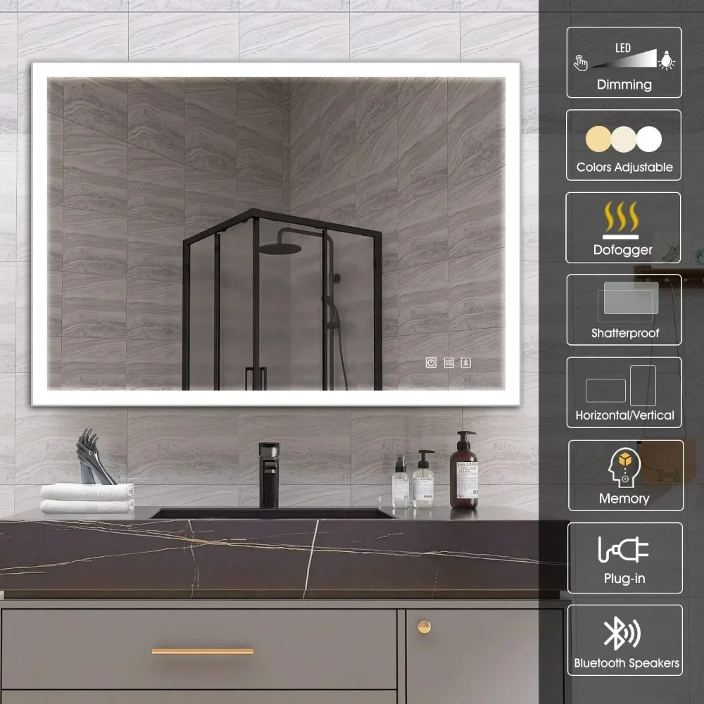 48&rsquo;&rsquo; x 28&rsquo;&rsquo; LED-Bathroom-Mirror-with-Frame, Bluetooth-Speakers, 3 Color Temperatures, Touch-Sensors, Dimmable Brightness