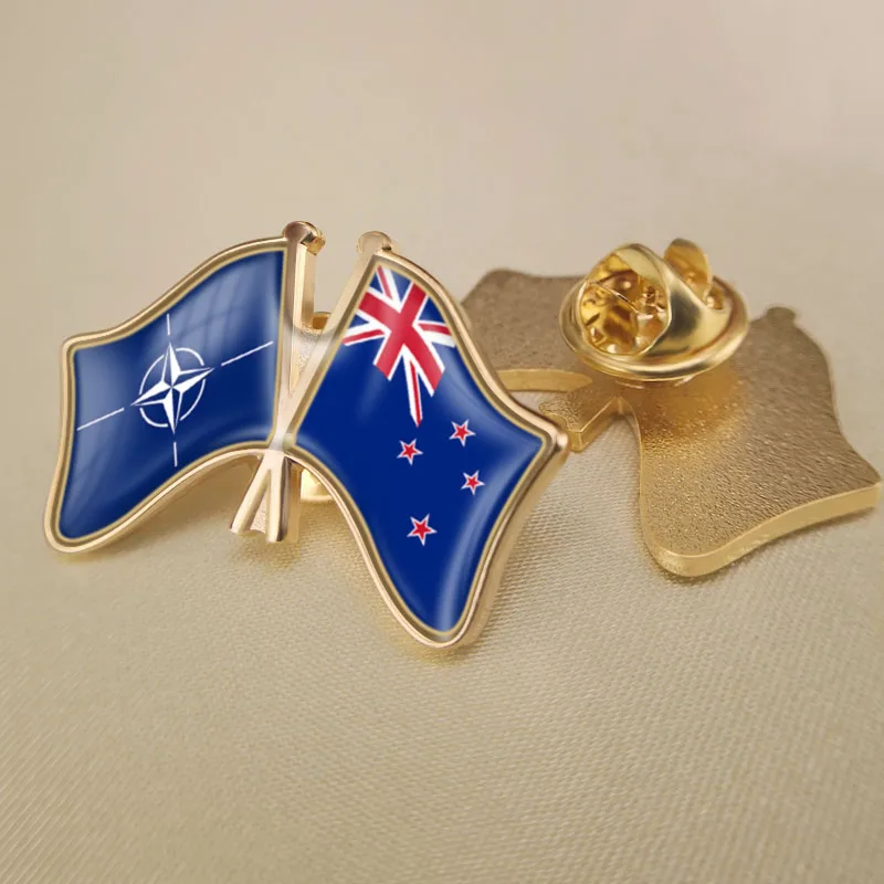 

North Atlantic Treaty Organization NATO and New Zealand Crossed Double Friendship Flags Lapel Pins Brooch Badges