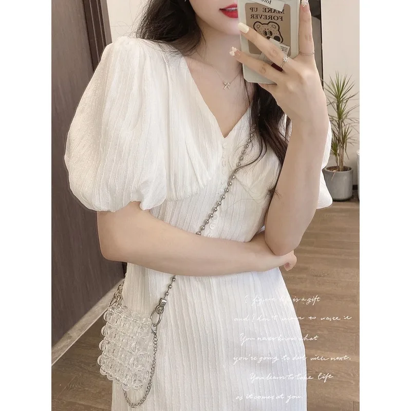 summer floral dress women new arrival 2021 french style puff sleeve chiffon split fairy dress sexy elegant korean style clothes 2022 Summer White Dress New Fashion Original Design French Style Dress Puff Sleeve Sweet Slim Fit Elegant Dresses