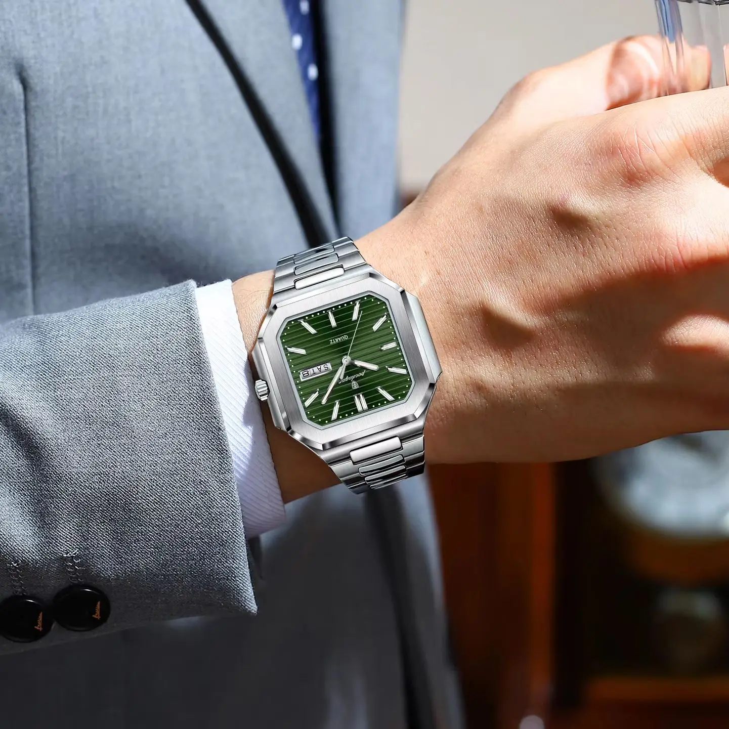 Original Square Man Watch Waterproof Luminous Date Week Fashion Men Clock Stainless Steel Business Men's Quartz Watches_voghion.com