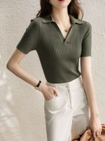 Women's Polo Shirts Slim Knitted Female Tee Plain T-shirts Korean Style Aesthetic Pulovers New Casual Tops Short Sleeve Luxury - Image 5