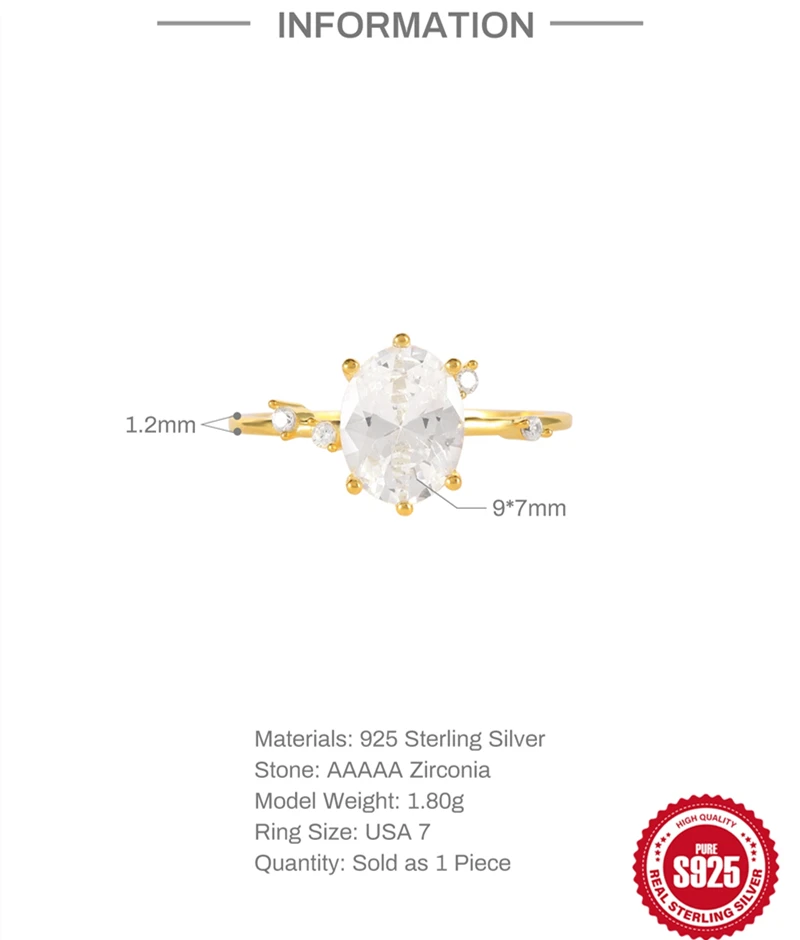 Elegant Geometry Egg Shape Crystal Gold Rings 925 Sterling Silver Finger Hearts Wedding Women Jewelry