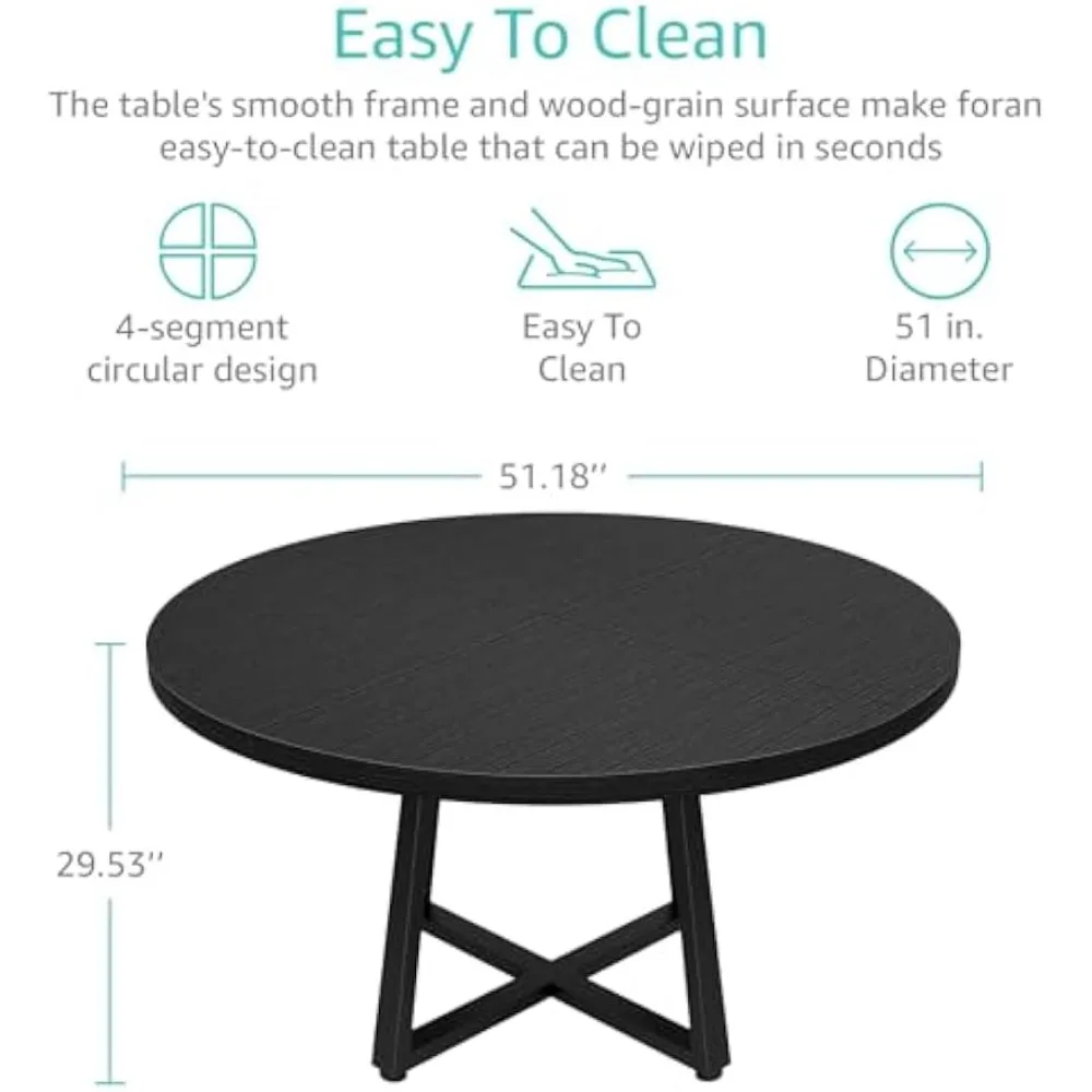 Black Round Dining Table for 6 - Modern Circle 51 Inch Large Room Kitchen Dinning Tables for 4 to 6 Person Seats Small Spaces 2