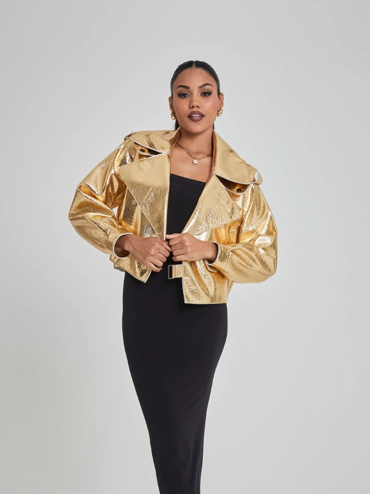 S195cb9a53bd54f2a840c414e66c0de27I Oversized Silver Women's Fake Leather Jacket Elegant Loose Lapel Long Sleeved Coat Autumn Lady Streetwear PU Motorcycle Jackets Mallzona