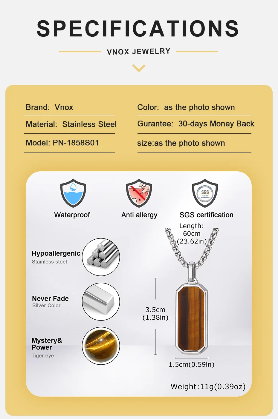 Vnox Halskette mit Anhänger aus natürlichem Tigerauge für Männer und Jungen, Edelstahl-Kastenkette, geometrische Punk-Halsketten, Schmuck, Geschenke, NEU – Detail 4