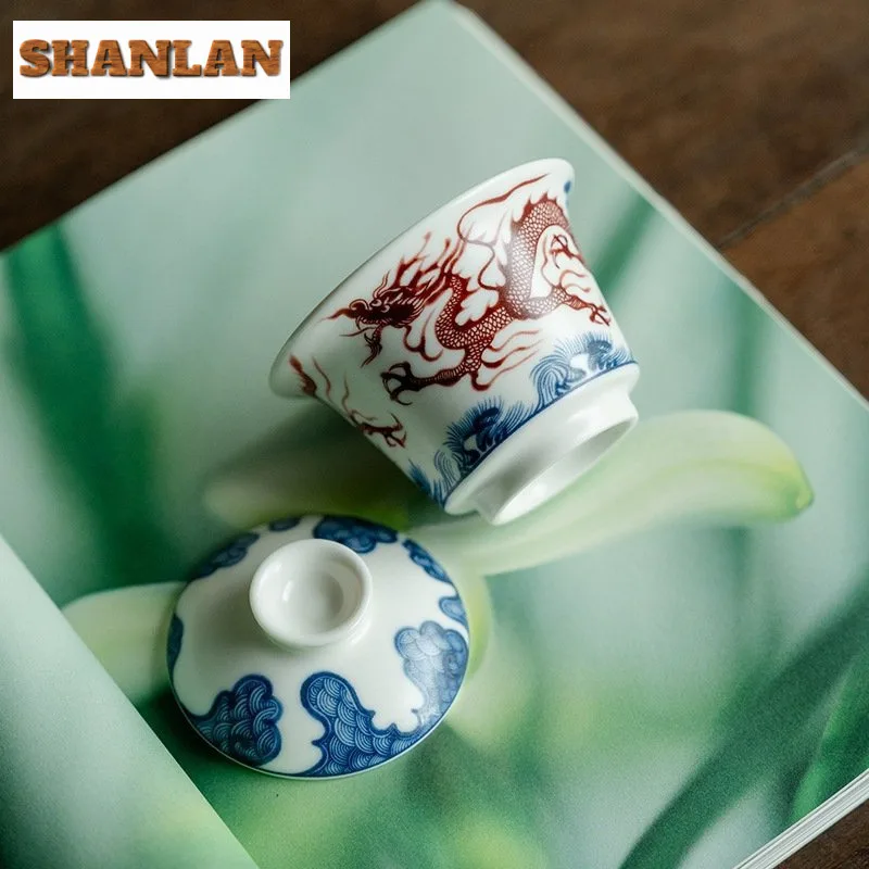 150ml Blue And White Cover Bowl Creative Dragon Pattern Ercai Gaiwan Antique Tea Tureen Tea Maker Chinese Items Ornaments