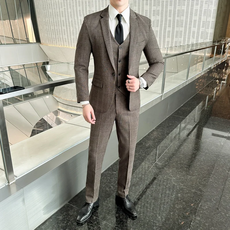 (Suit + Vest + Trousers) Quality Suit Suit Male Three-piece Korean Version of Fashion Handsome Slim Business Casual Wedding Suit 3