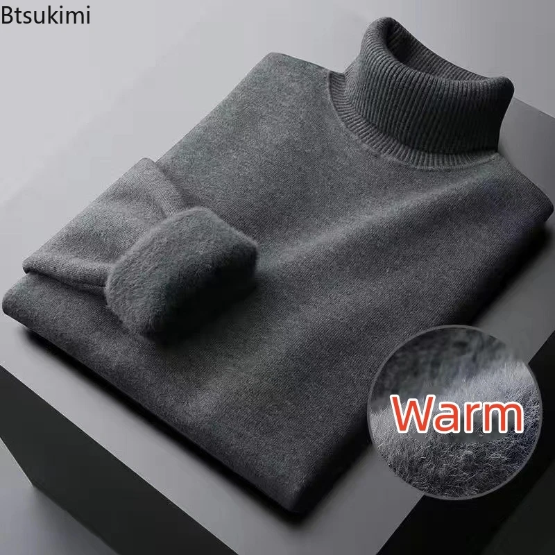 New2024 Men's Winter Warm Sweaters Tops Plush Thicker Knitted Pullover Fashion High Collar Solid Slim Fit Man Tops Men's Sweater women sweater pullover basic ribbed sweaters cotton tops knitted solid crew neck with thumb hole