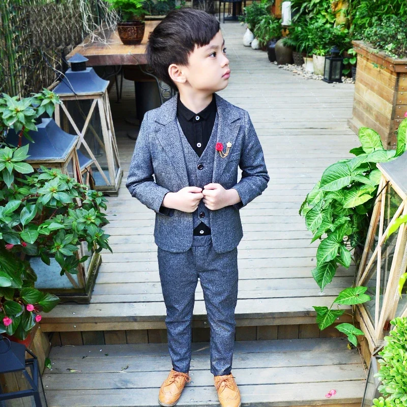 3 PCS Boys Wedding Clothes Blazer Vest Pants Children's Formal Suits Dress Kids Party Clohing Sets Blue Teenage Boy Costumes