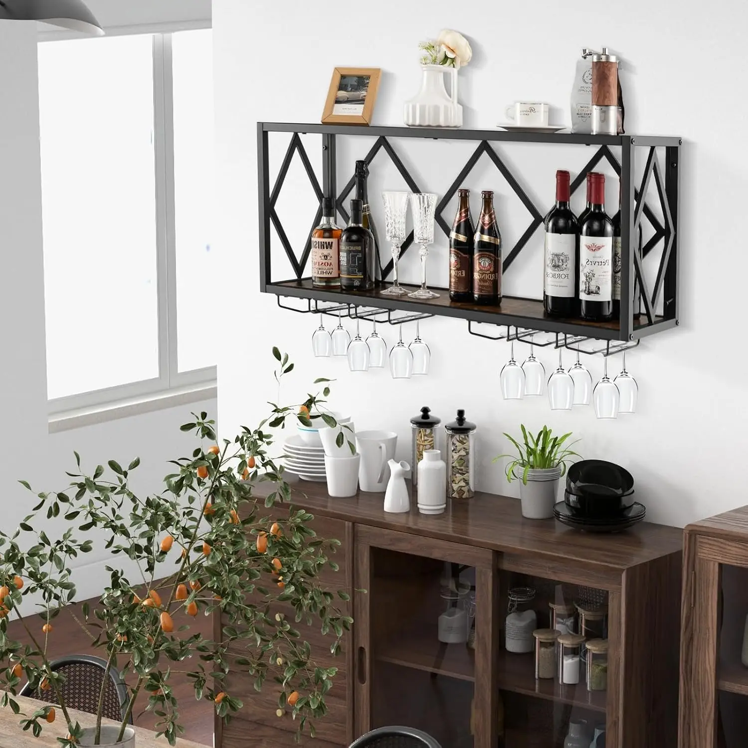 Industrial Wall Mounted Wine Rack, 39-Bottle Metal Wine Holder Wall with 12 Glass Holder, Hanging Wine Glass Rack Wall Mounted