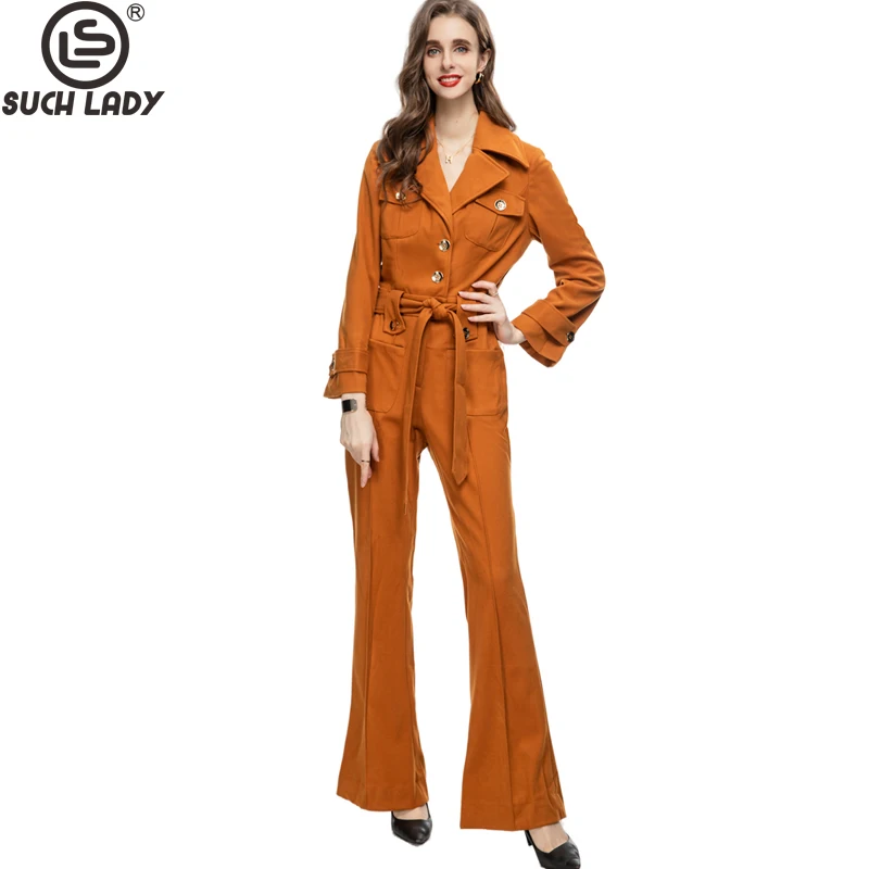 Women's Runway Jumpsuits& Rompers Notched Collar Long Sleeves Lace Up Bow High Street Fashion Designer Pants 2022 oversize cloak winter faux fur collar women plaid designer poncho female batwing sleeves warm loose street coat