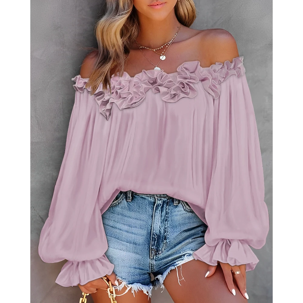 

Ruffle Hem Lantern Sleeve Shirts for Women Off the Shoulder Design Casual Blouse Tied Detail Top Elegant Femme Spring Outwear