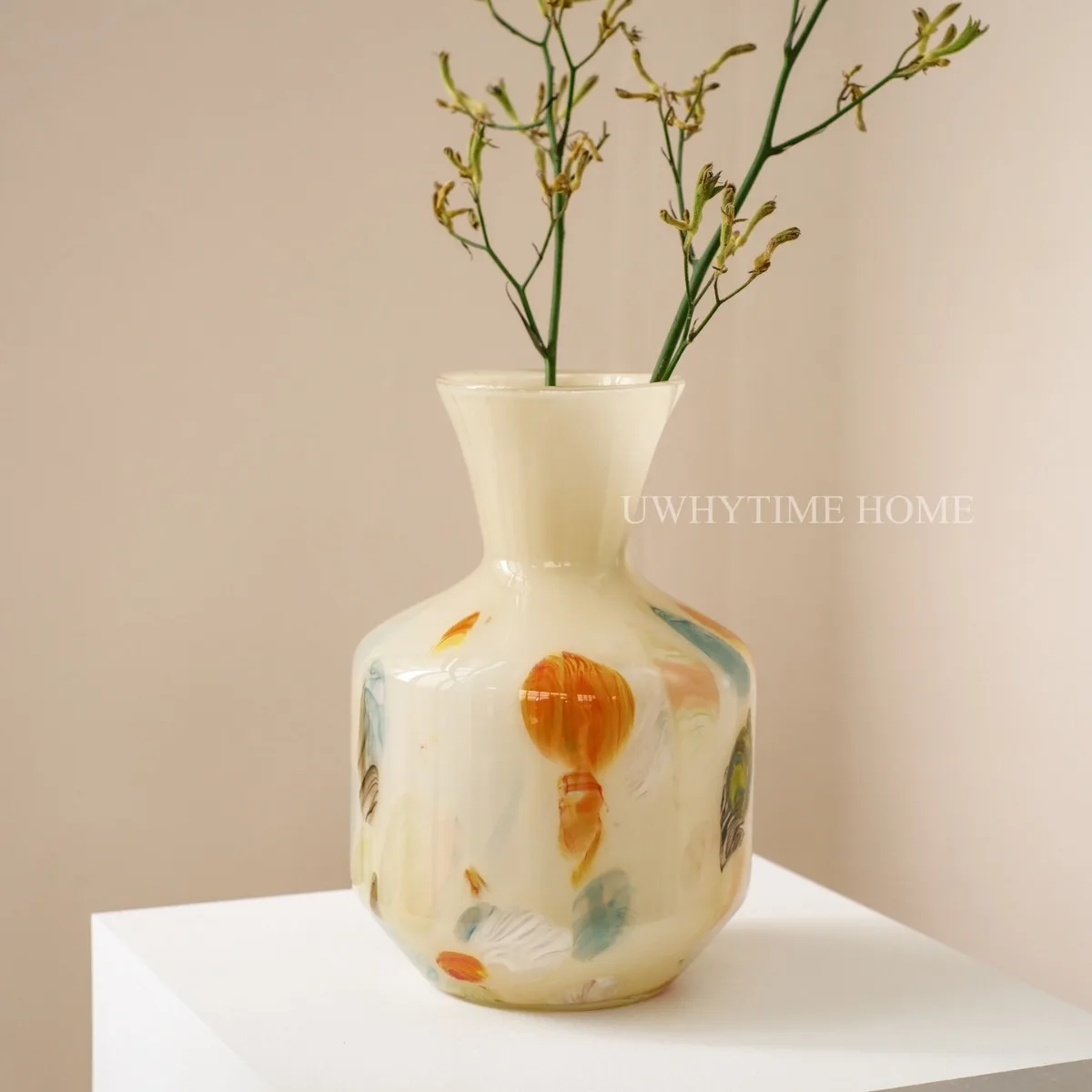 

Design high-end colored glazed creamy yellow large caliber handmade antique style vase and floral ornaments