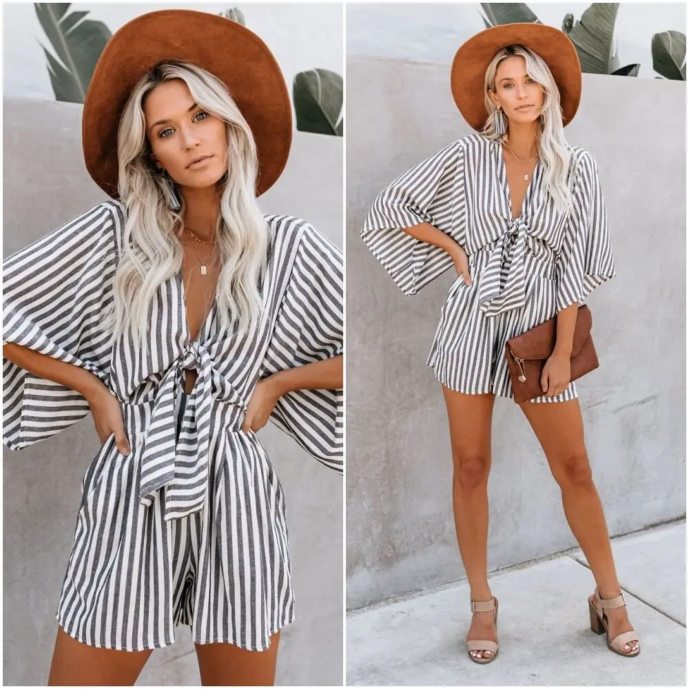Ins style hot selling women's high waist stripe V-neck short sleeve strapping sexy loose one-piece shorts, commuting sports suit europe and america hot selling sexy v neck lace one piece sexy lingerie