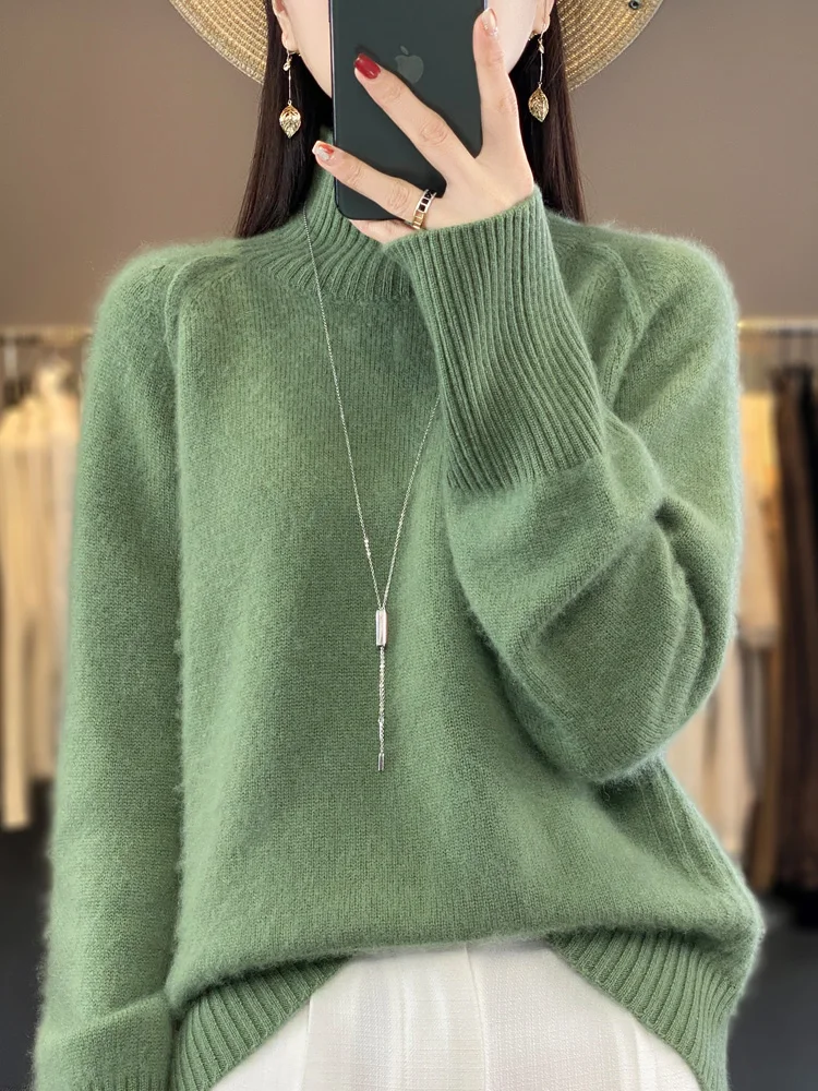 100% Merino Wool Cashmere Women Knitted Sweater Mock Neck Long Sleeve Pullover Autume Winter Clothing Jumper Straf Store