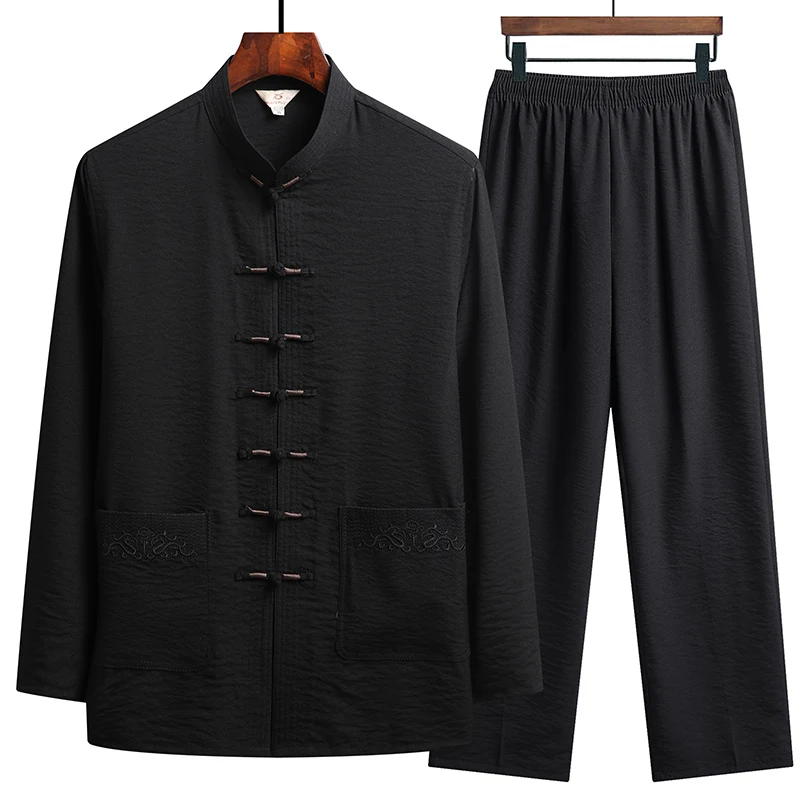 Chinese Style Cotton Linen Tang Suit Casual  Spring Autumn Men's Long-sleeved Shirt Pants Two-pieces Fashion Men Sets 5