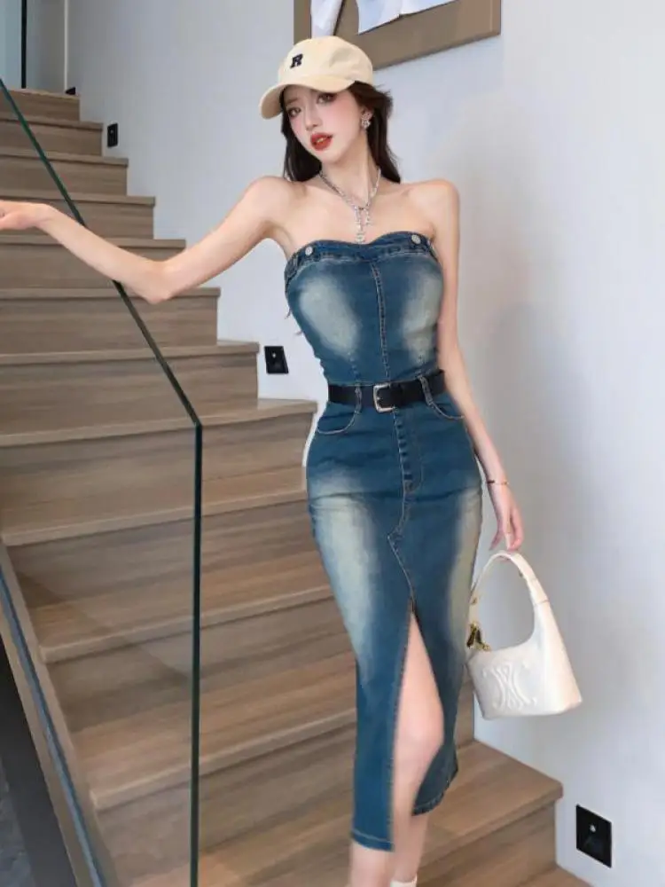 Sleeveless Women Denim Suspender Dress Summer New Midi