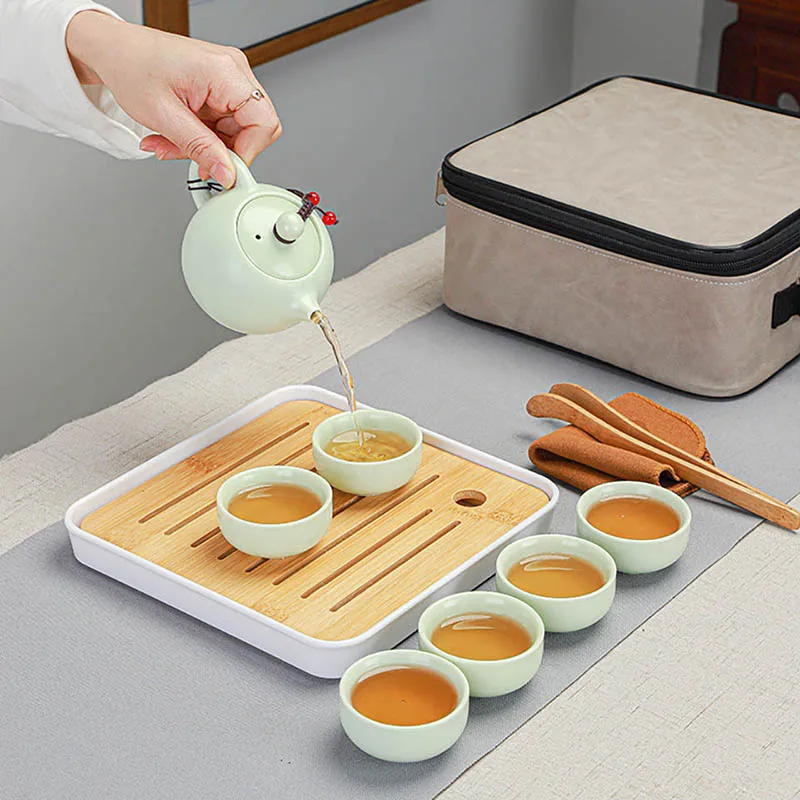 Traditional Chinese Enamel Tea Set Portable Ceramic Tea With 1 Teapot 6 Cup Tray Bag Lazy Susan Teaware Gift For Enthusiasts