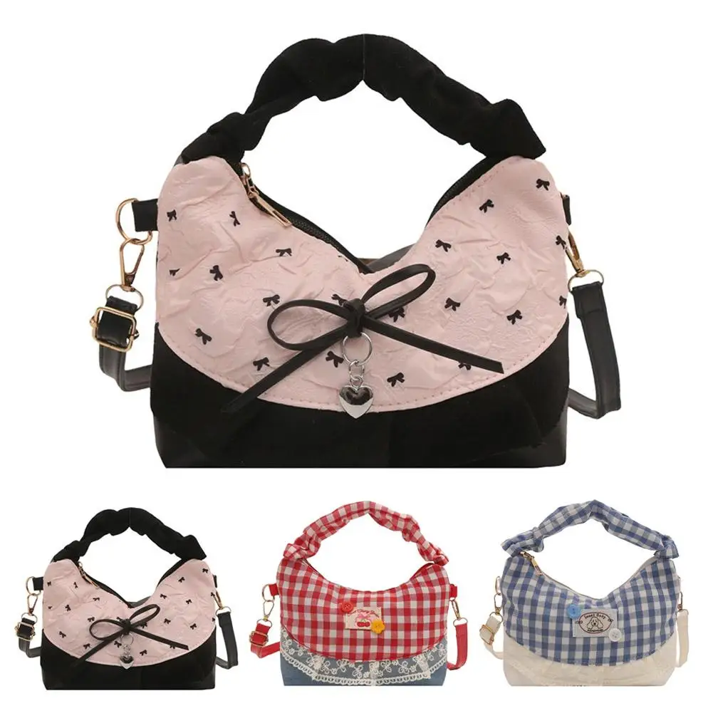 Bow Lace Splicing Dumpling Handbag Grid French Underarm pouch Tote bag Single-shoulder crossbody bag Daily commuting bag