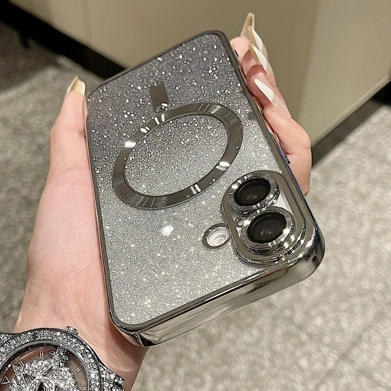 Coque de téléphone souple magnétique à paillettes de luxe pour iPhone 16 15 14 13 12 11 Pro Max Plus, coque de chargement sans fil antichoc_voghion.com