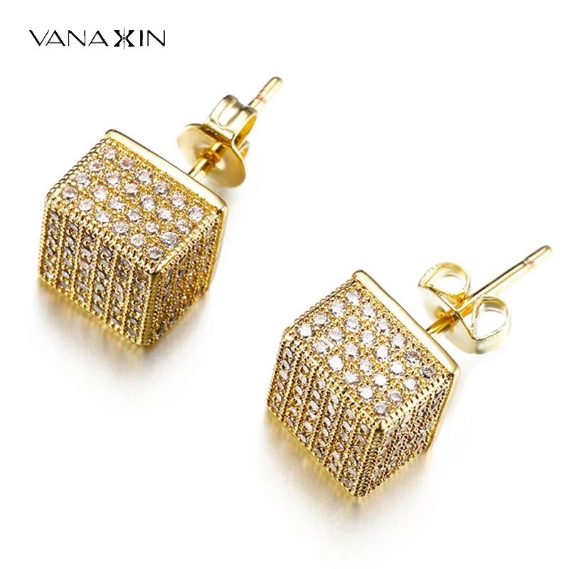 Fashion Gold Color 3D Square Stud Earrings Women Micro Pave Iced Out Jewelry Trendy Crystal Trending Earring Gift For Gf