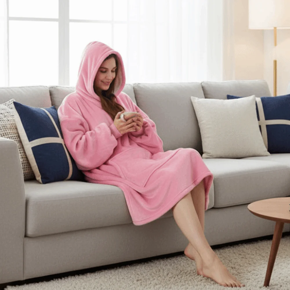 Loose Sweatshirts Warm Flannel Robe Oversize Long Sleeve Hooded Pajamas Comfortable with Pocket Couples Wearable Robe Home Wear