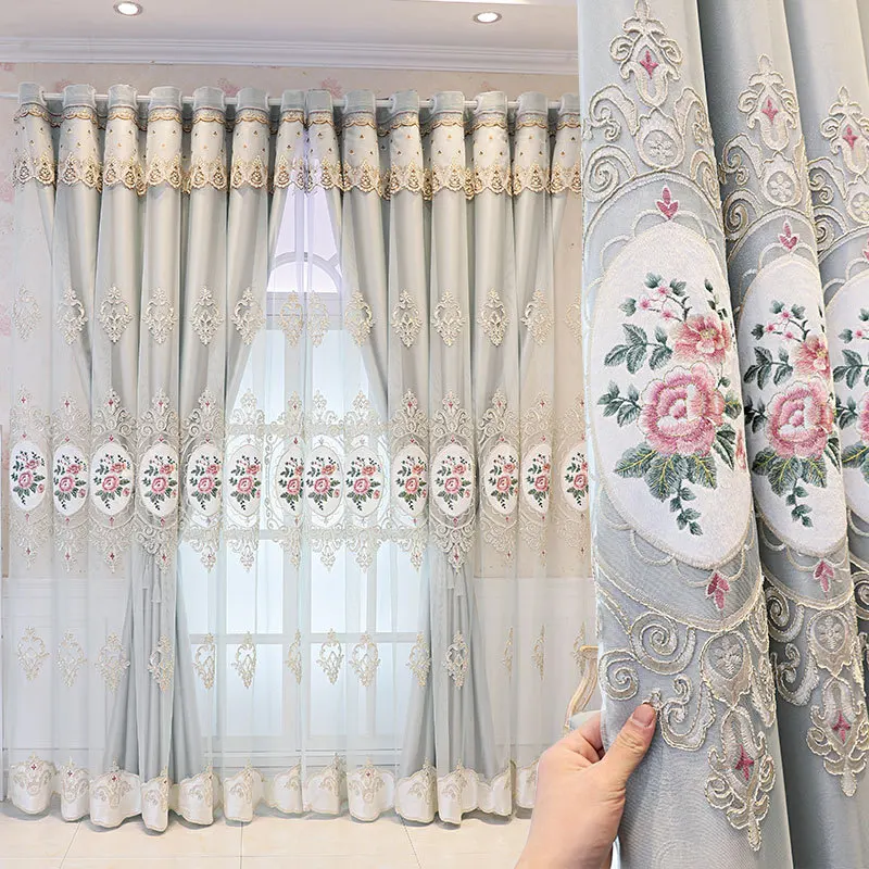 2025 New European Cloth Curtain+Voile Curtains Double Layered Window Curtain Embroidered Pink Flowers Blackout Drapes Home Decor 2