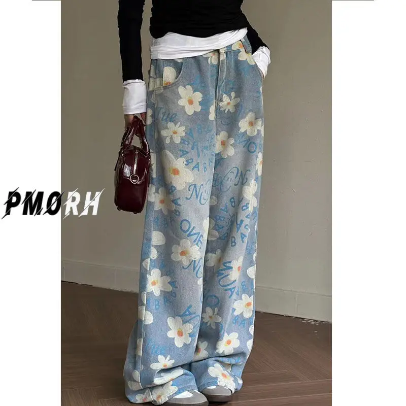 Printed flower Jeans woman's High Street  Retro Spring Autumn Denim Loose Straight Washed Wide-leg Pants Casual Cowboy Trousers