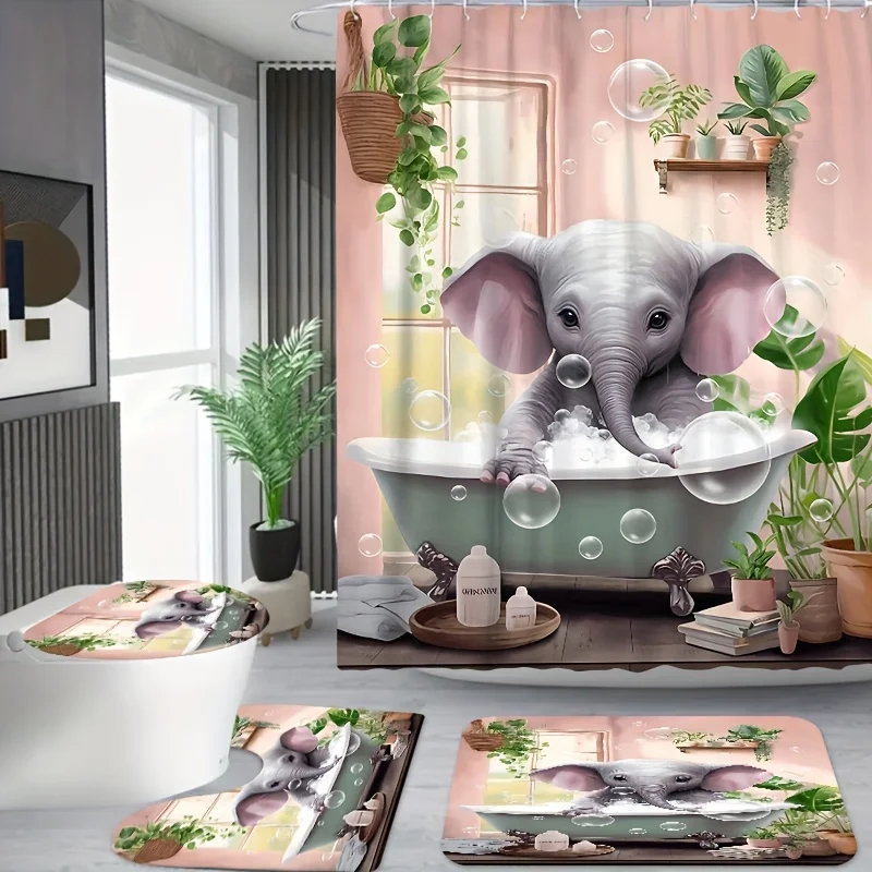 1/3/4PCs bathtub elephant pattern shower curtain set, waterproof shower curtain with 12 hooks, non-slip bath rug, U-shape mat, t