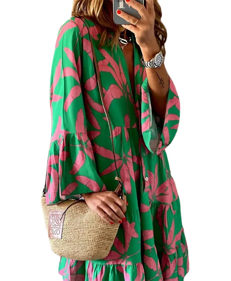 2023 Spring Summer New Women's Printed Dresses Long Sleeved Flare Sleeves Women's Mid-Length Dresses