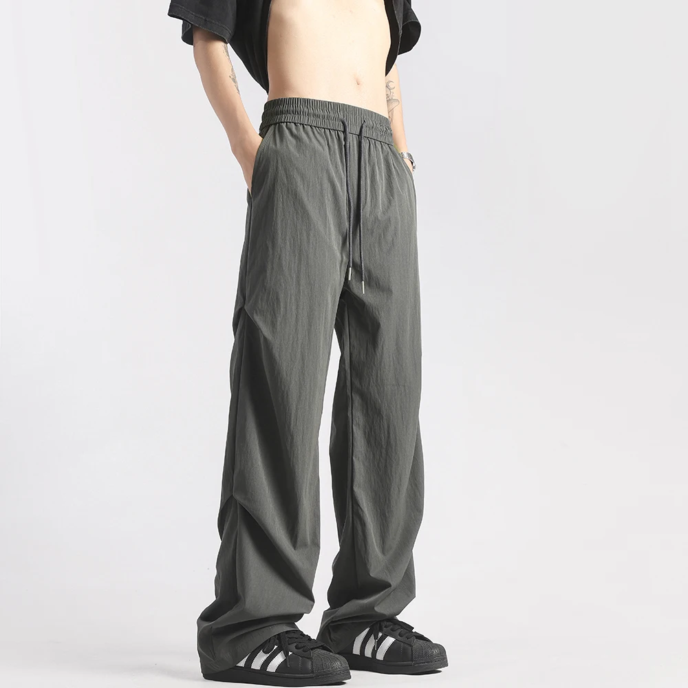 Summer Ice Silk Pants Fashion Solid Color Lightweight Breathable Parachute Soldier Pants Loose Straight Leg Casual Pants for Men