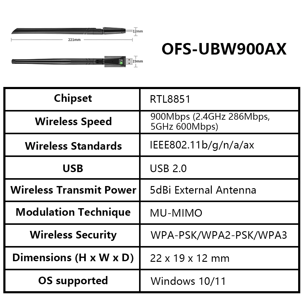 Openfocus-adaptador Wifi para pc Dongle sem Fio Bluetooth 5.3 ax em 900mbps Bluetooth 2.4g 5g 5dbi Dongle Usb - Imagem 2