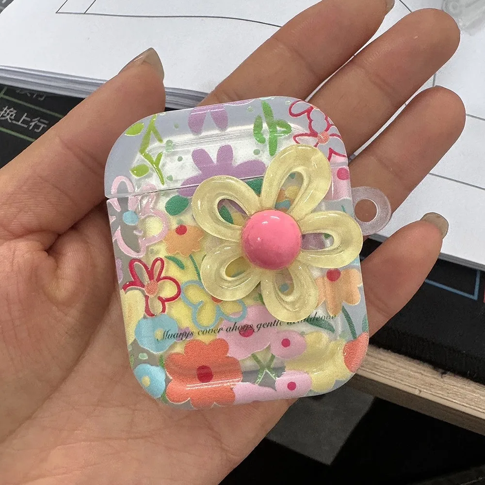 TPU Floral Anti-Fall Earphone Case with Beaded Keychain - Shockproof & Washable